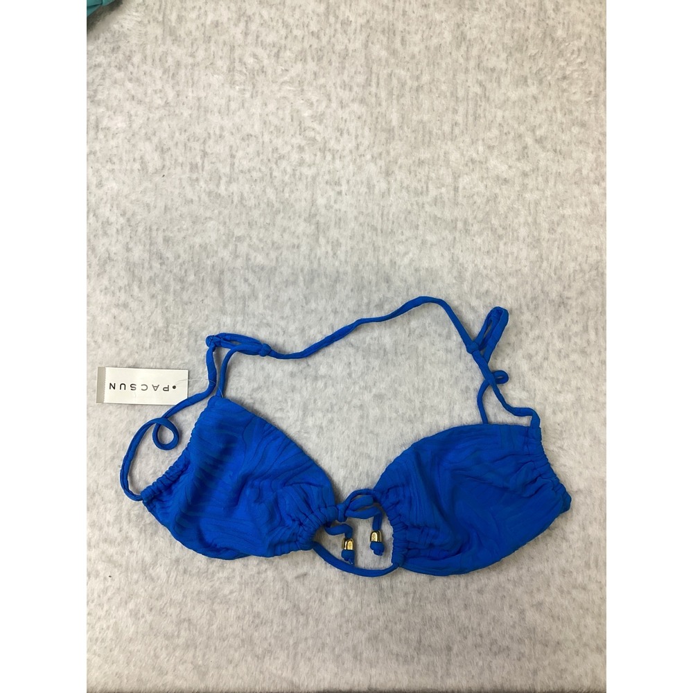 PacSun Blue Zebra Textured Triangle Bikini Top Gold Bead Detail NWT Large